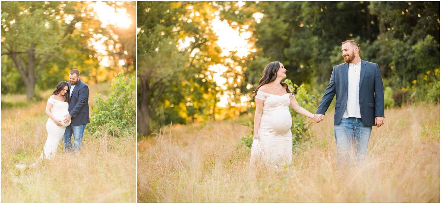 Couple in grassy field at sunset for maternity photos at North Park in Pittsburgh