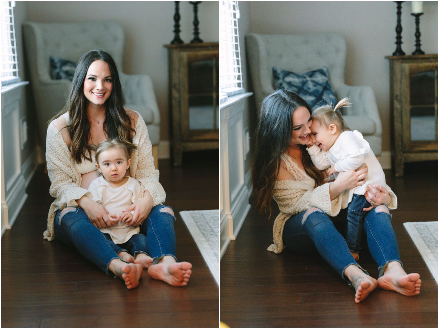 mom and little girl snuggle up on the floor together | maternity session